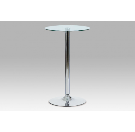 Barový stůl, kulatá deska z čirého skla  pr. 60 cm, kovová chromovaná podnož