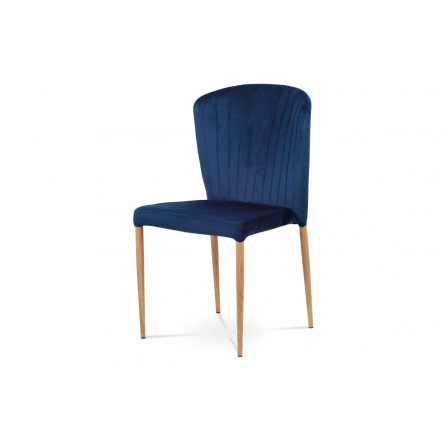 Jídelní židle, modrá sametová látka, kovová podnož, 3D dekor dub