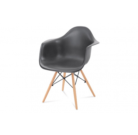 Jídelní židle, tmavě šedý plast, masiv buk, přírodní odstín, černé kovové výztuh