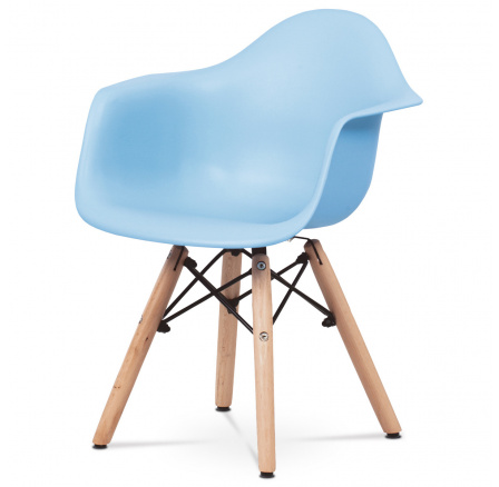 Dětská židle, světle modrá plastová skořepina, nohy masiv buk, přírodní odstín