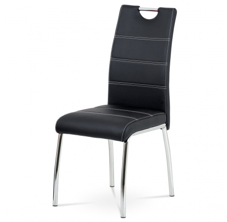 Jídelní židle, potah černá ekokůže, bílé prošití, kovová čtyřnohá chromovaná pod