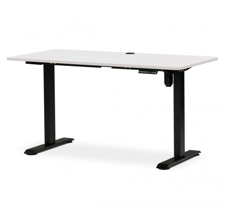 Kancelářský polohovací stůl s elektricky nastavitelnou výší pracovní desky. Bílá deska. Kovové podnoží v černé barvě.