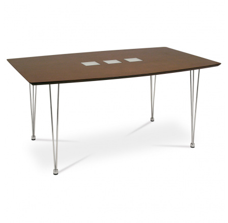 Jídelní stůl 150x90x75 cm, MDF - dýha a sklo, moření hnědé, kovové nohy - chrom