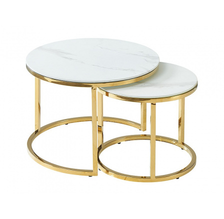 Konferenční stůl MUSE II - set 2 stolů, efekt bílého mramoru/zlatá