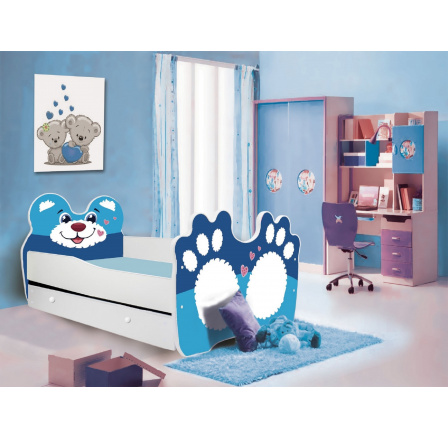 Dětská postel BEAR s matrací a šuplíkem, 140x70 cm, Bílá/Modrá