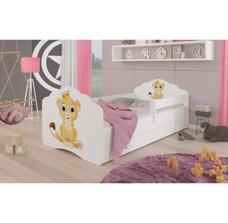 Postel dětská CASIMO LION 140x70 Bílá s matrací, zábranou a zásuvkou