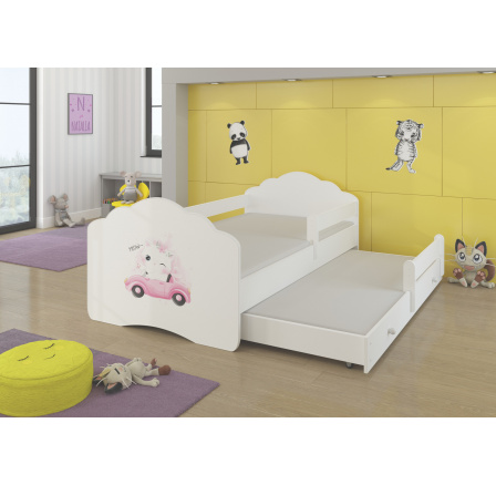 Dětská postel s přistýlkou, matracemi a zábranou CASIMO II, 160x80 cm, Bílá/Cat in car