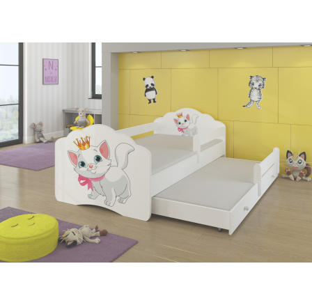 Dětská postel s přistýlkou, matracemi a zábranou CASIMO II, 160x80 cm, Bílá/Cat