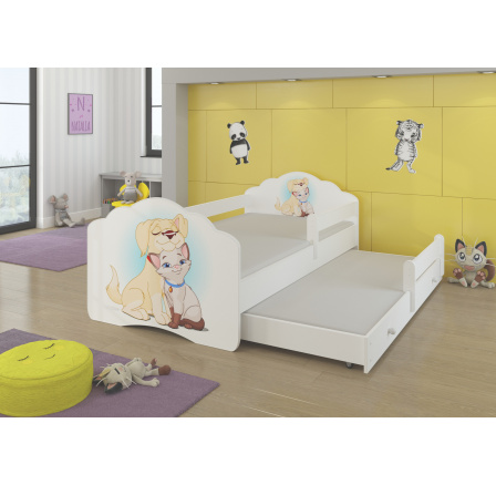 Dětská postel s přistýlkou, matracemi a zábranou CASIMO II, 160x80 cm, Bílá/Dog and Cat