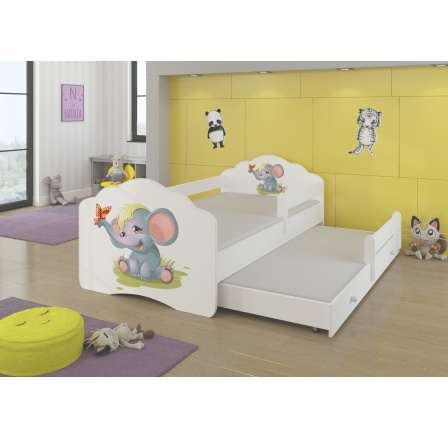Dětská postel s přistýlkou, matracemi a zábranou CASIMO II, 160x80 cm, Bílá/Elephant