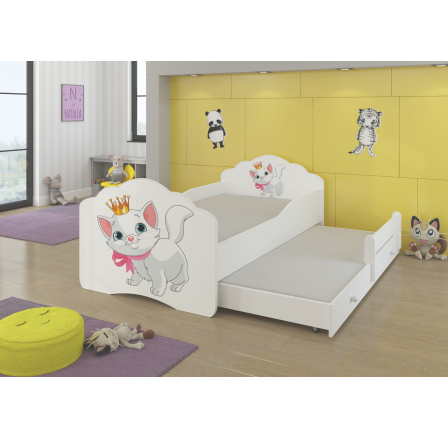 Dětská postel s přistýlkou a matracemi CASIMO II, 160x80 cm, Bílá/Cat