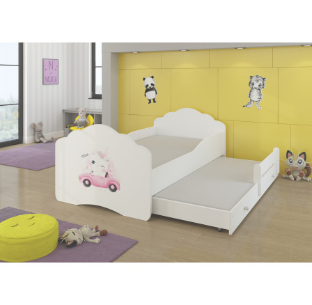 Dětská postel s přistýlkou a matracemi CASIMO II, 160x80 cm, Bílá/Cat in car