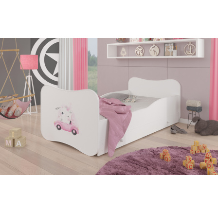 Dětská postel GONZALO s matrací a šuplíkem, 140x70 cm, Bílá/Cat in a Car