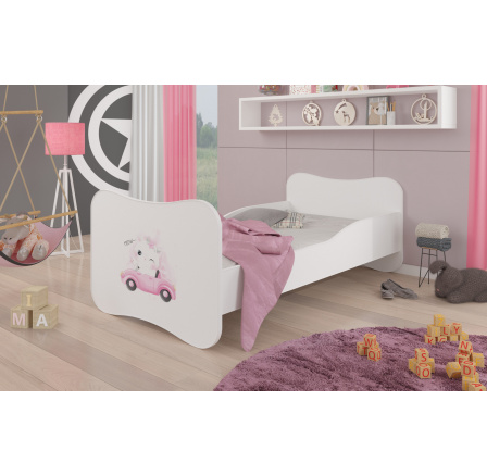 Dětská postel GONZALO s matrací, 160x80 cm, Bílá/Cat in a car