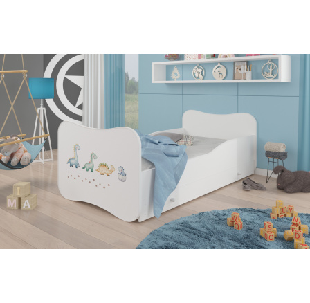 Dětská postel GONZALO s matrací a šuplíkem, 140x70 cm, Bílá/Dinosaurus