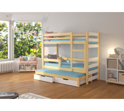 Dětská patrová postel KARLO s výsuvem a se šuplíky, včetně matrací, Přírodní/Bílá