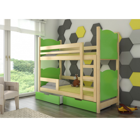 Dětská patrová postel MARABA se šuplíky, včetně matrací, Přírodní/Zelená