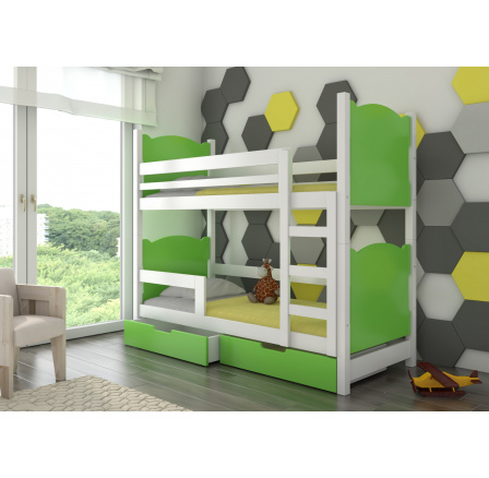 Dětská patrová postel MARABA se šuplíky, včetně matrací, Bílá/Zelená
