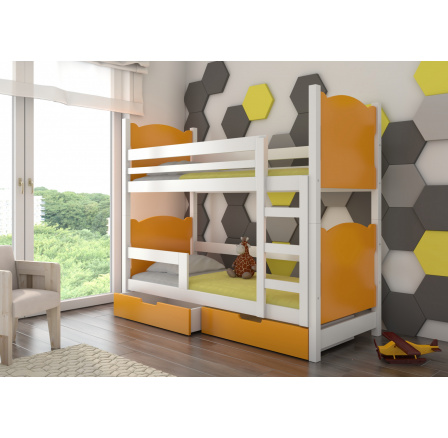 Dětská patrová postel MARABA se šuplíky, včetně matrací, Bílá/Oranžová