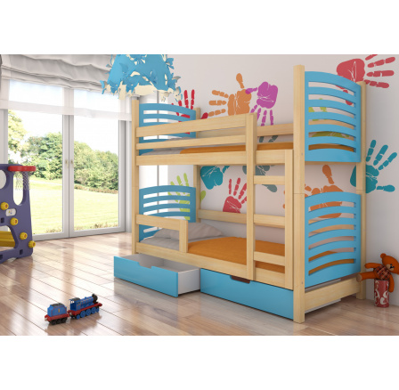 Dětská patrová postel OSUNA se šuplíky, včetně matrací, Přírodní/Modrá