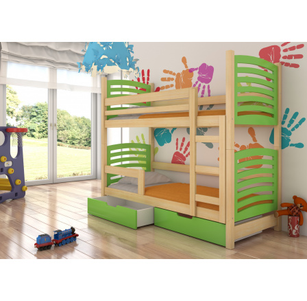 Dětská patrová postel OSUNA se šuplíky, včetně matrací, Přírodní/Zelená
