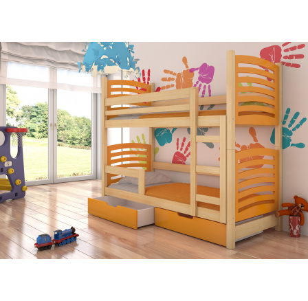 Dětská patrová postel OSUNA se šuplíky, včetně matrací, Přírodní/Oranžová