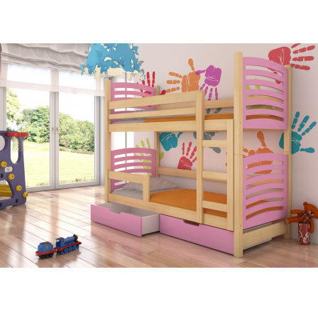 Dětská patrová postel OSUNA se šuplíky, včetně matrací, Přírodní/Růžová