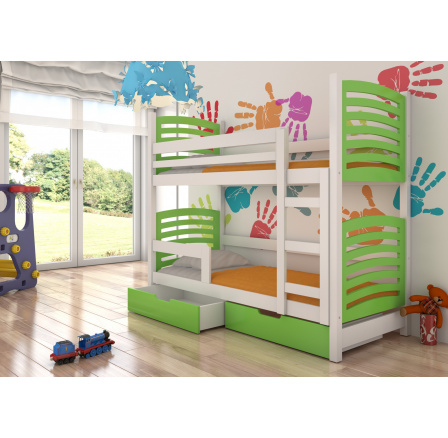 Dětská patrová postel OSUNA se šuplíky, včetně matrací, Bílá/Zelená