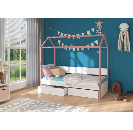 Dětská postel Domek OTELLO 180x80 cm, bez matrace, Růžová/Bílá