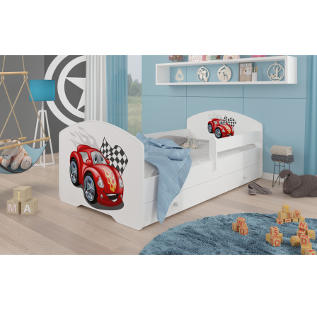 Postel dětská PEPE CAR ZIGZAG 140x70 Bílá s matrací, zábranou a zásuvkou
