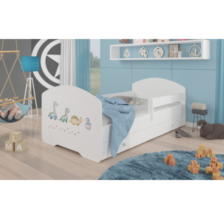 Postel dětská PEPE DINOSAURS 160x80 Bílá s matrací, zábranou a zásuvkou