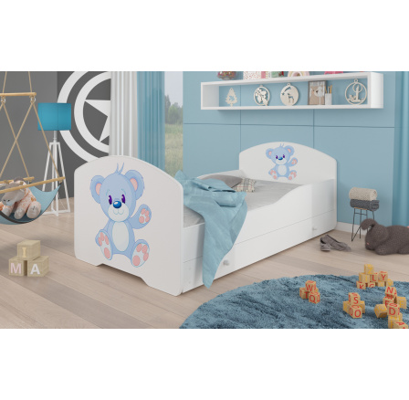 Postel dětská PEPE BLUE BEAR 140x70 Bílá s matrací a zásuvkou