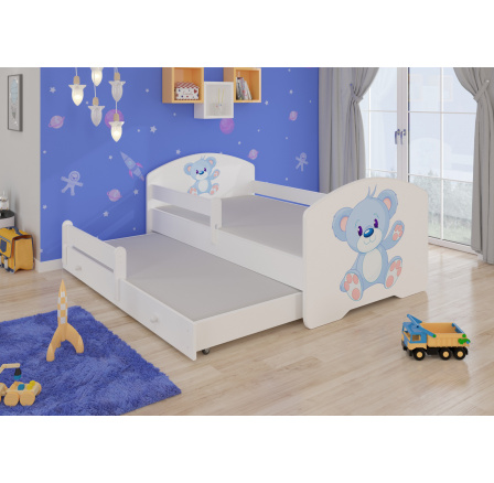 Postel dětská vyvýšená 2 místná PEPE II BLUE BEAR 160x80 Bílá se zábranami a matracemi