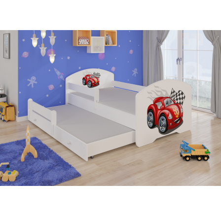 Postel dětská vyvýšená 2 místná PEPE II CAR ZIGZAG 160x80 Bílá se zábranami a matracemi