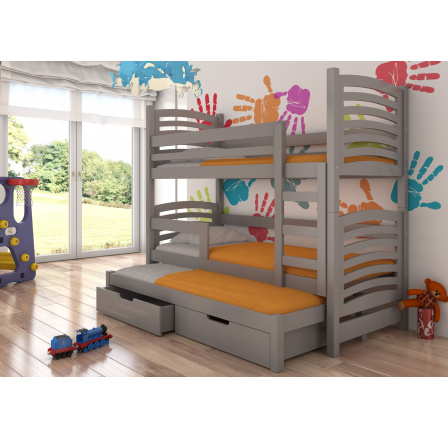 Dětská patrová postel SORIA s výsuvem a se šuplíky, včetně matrací, Grafit/Grafit