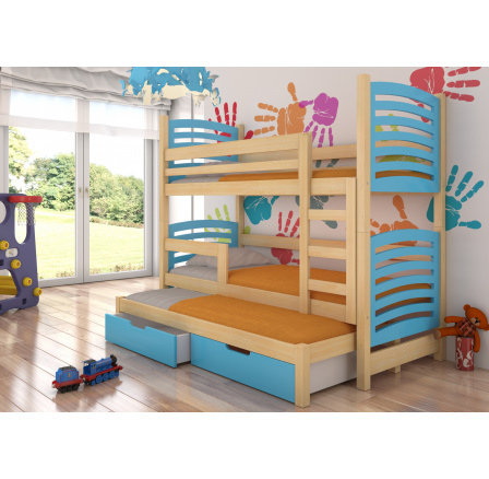 Dětská patrová postel SORIA s výsuvem a se šuplíky, včetně matrací, Přírodní/Modrá