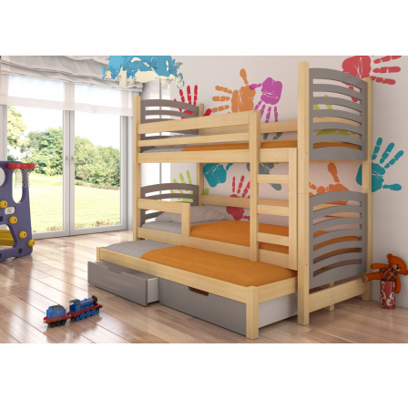 Dětská patrová postel SORIA s výsuvem a se šuplíky, včetně matrací, Přírodní/Grafit
