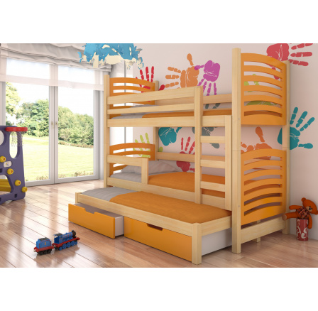 Dětská patrová postel SORIA s výsuvem a se šuplíky, včetně matrací, Přírodní/Oranžová