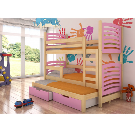 Dětská patrová postel SORIA s výsuvem a se šuplíky, včetně matrací, Přírodní/Růžová