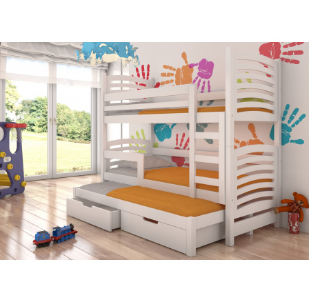 Dětská patrová postel SORIA s výsuvem a se šuplíky, včetně matrací, Bílá/Bílá