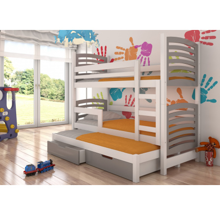 Dětská patrová postel SORIA s výsuvem a se šuplíky, včetně matrací, Bílá/Grafit