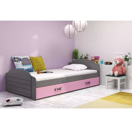Dětská postel LILI 90x200 cm se šuplíkem, bez matrace, Grafit/Růžová