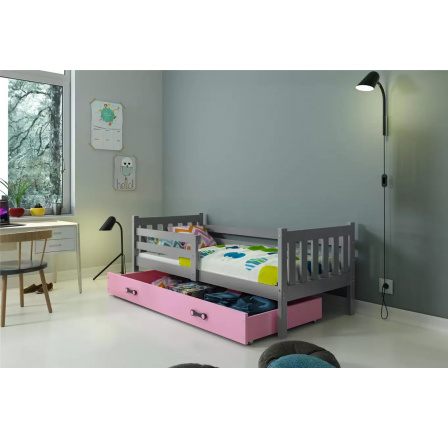 Dětská postel CARINO 90x200 cm se šuplíkem, s matrací, Grafit/Růžová