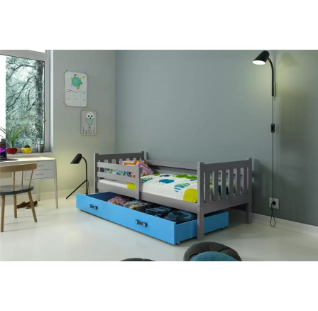 Dětská postel CARINO 90x200 cm se šuplíkem, bez matrace, Grafit/Modrá