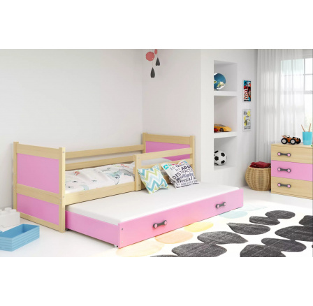 Dětská postel RICO s přistýlkou 90x200 cm, bez matrace, Přírodní/Růžová