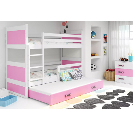 Dětská patrová postel RICO 3 s přistýlkou 80x160 cm, bez matrací, Bílá/Růžová