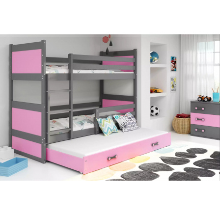 Dětská patrová postel RICO 3 s přistýlkou 80x190 cm, bez matrací, Grafit/Růžová