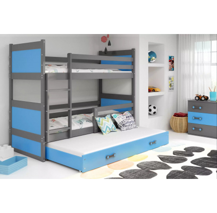 Dětská patrová postel RICO 3 s přistýlkou 90x200 cm, bez matrací, Grafit/Modrá