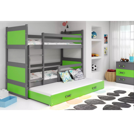 Dětská patrová postel RICO 3 s přistýlkou 90x200 cm, bez matrací, Grafit/Zelená