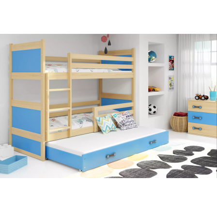 Dětská patrová postel RICO 3 s přistýlkou 90x200 cm, bez matrací, Přírodní/Modrá